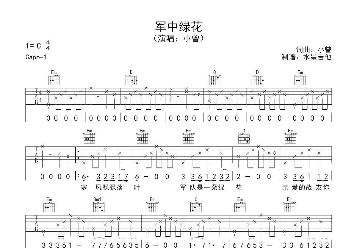 军中绿花吉他谱预览图