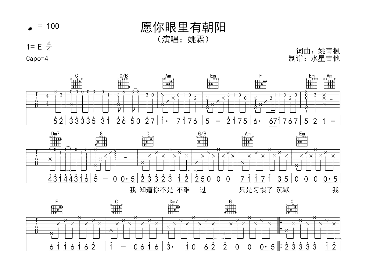 愿你眼里有朝阳吉他谱_姚霖_C调弹唱