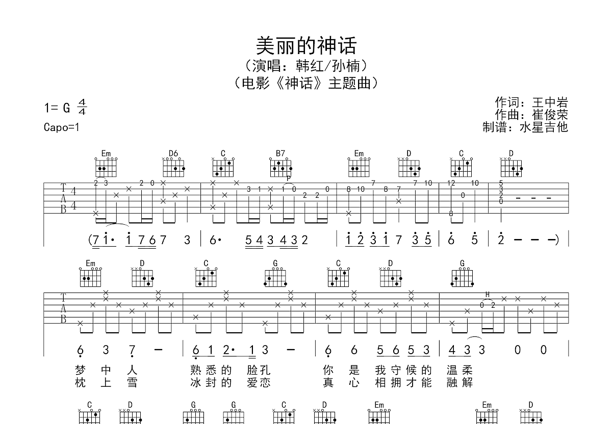 美丽的神话吉他谱预览图