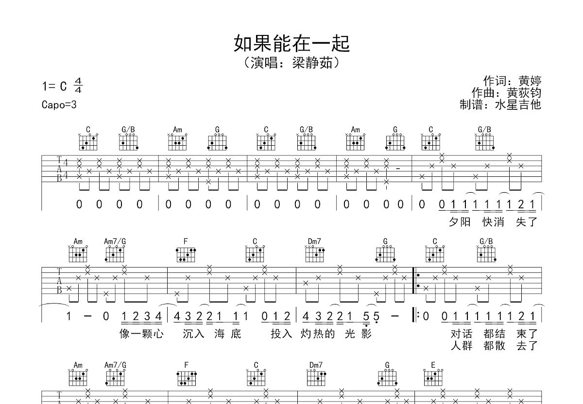 如果能在一起吉他谱_梁静茹_C调弹唱