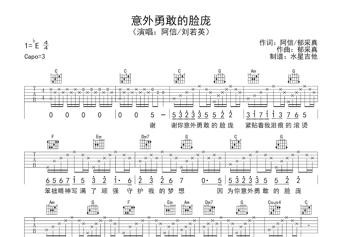 意外勇敢的脸庞吉他谱预览图