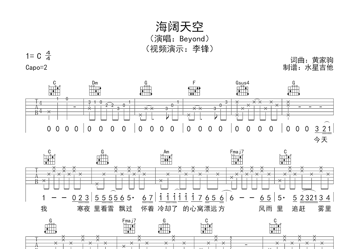 海阔天空吉他谱预览图