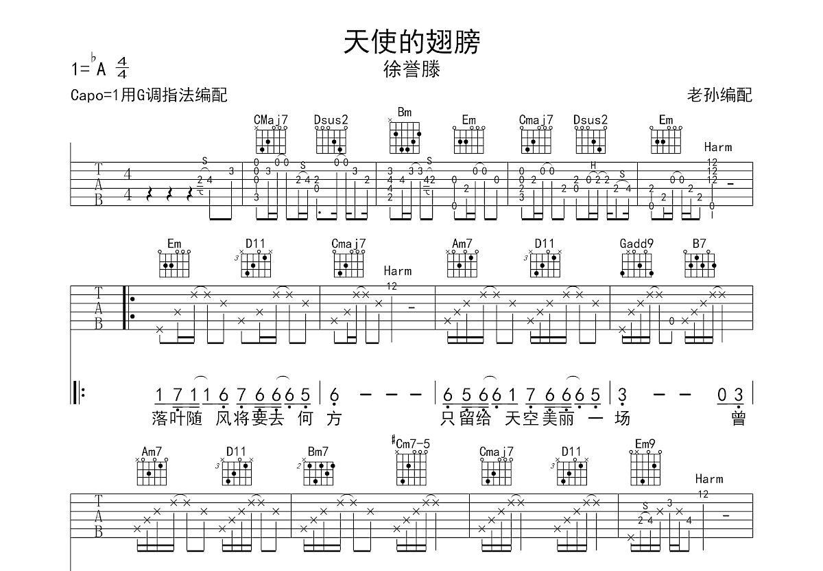 天使的翅膀吉他谱预览图