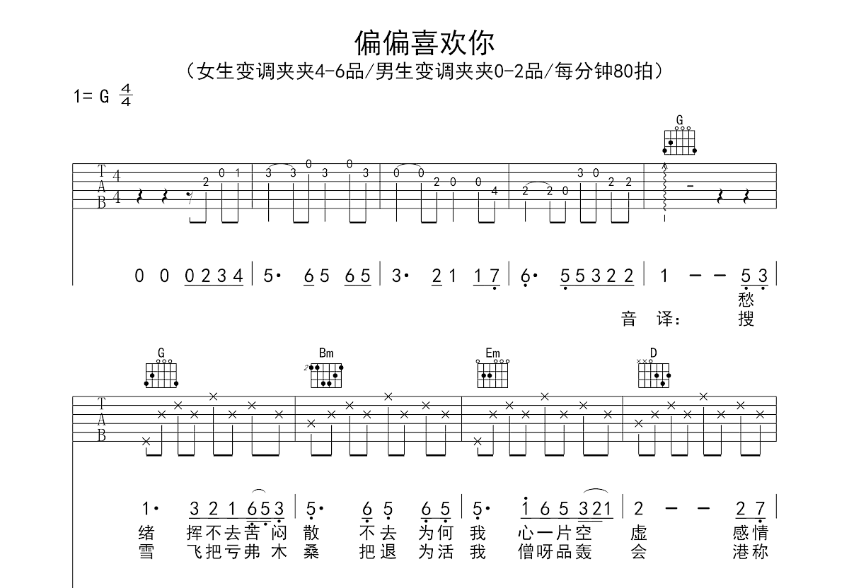 偏偏喜欢你吉他谱预览图