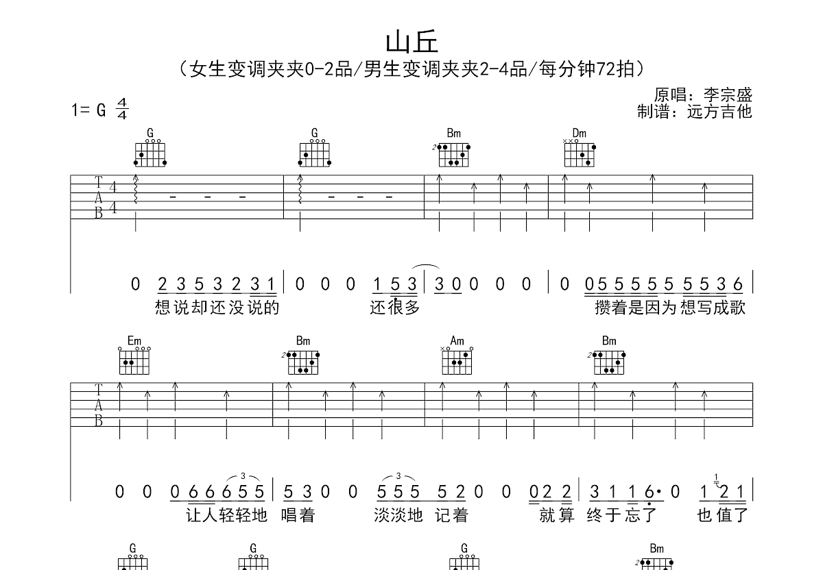 山丘吉他谱预览图