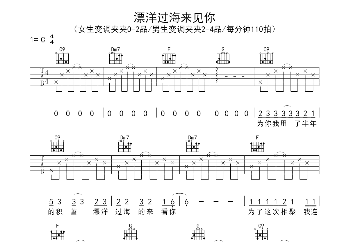 漂洋过海来看你吉他谱预览图