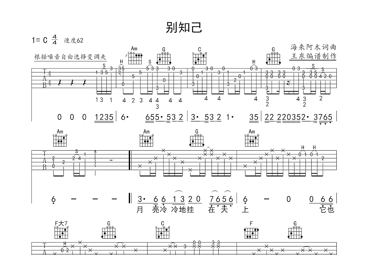 别知己吉他谱_海来阿木_C调弹唱