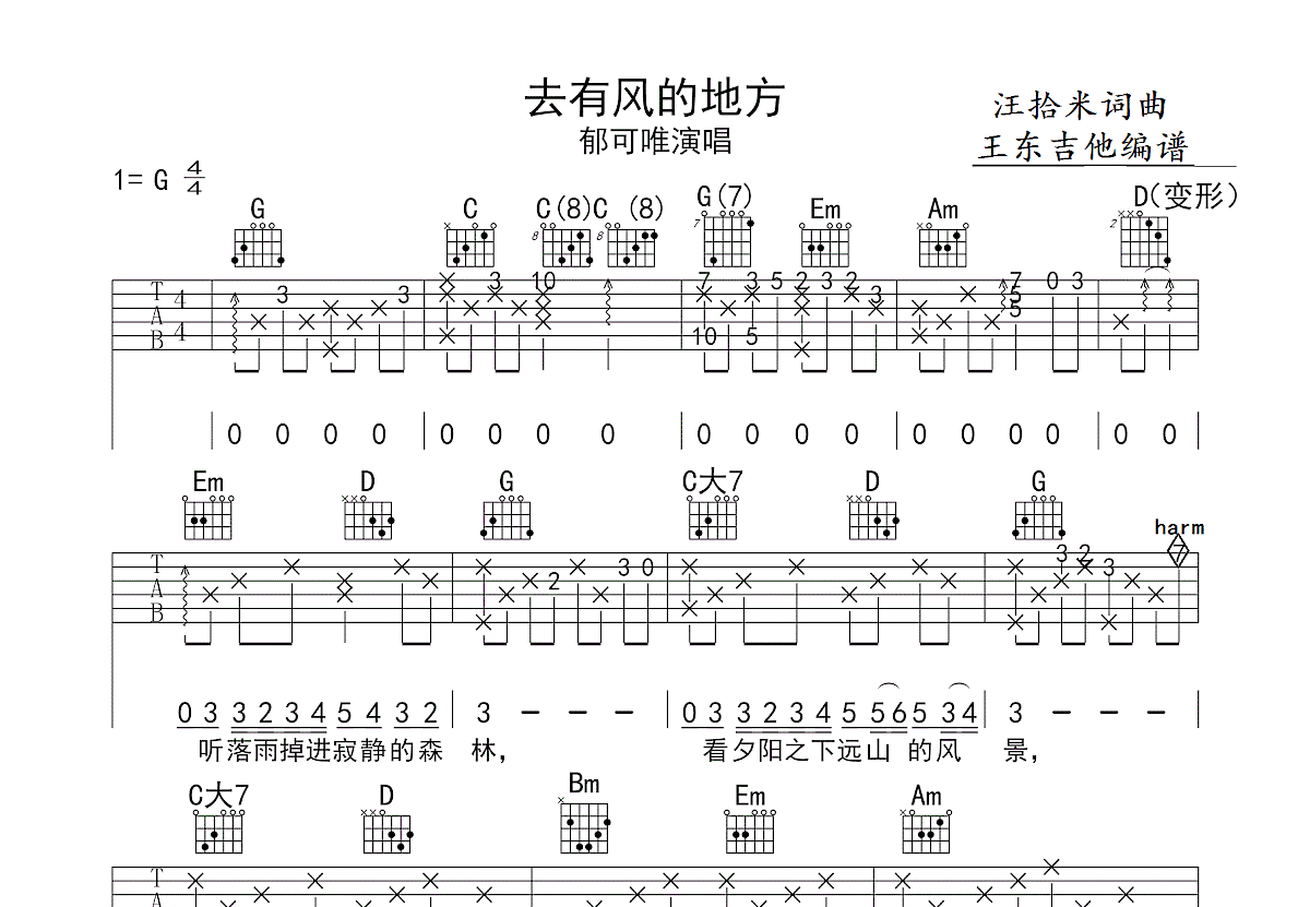 去有风的地方吉他谱预览图