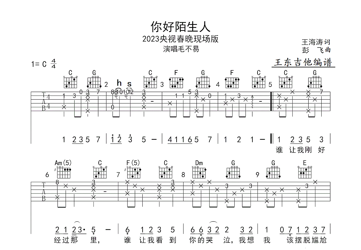 你好陌生人吉他谱预览图