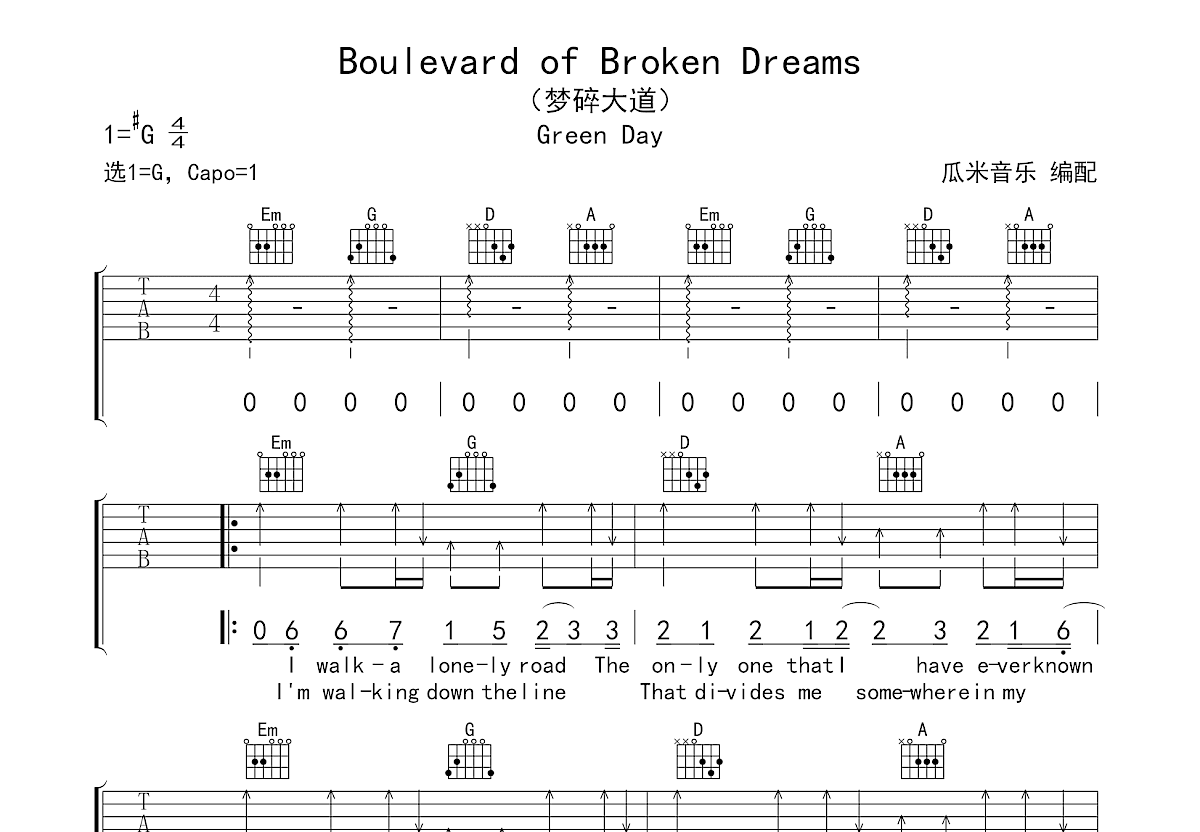 Boulevard of Broken Dreams吉他谱预览图