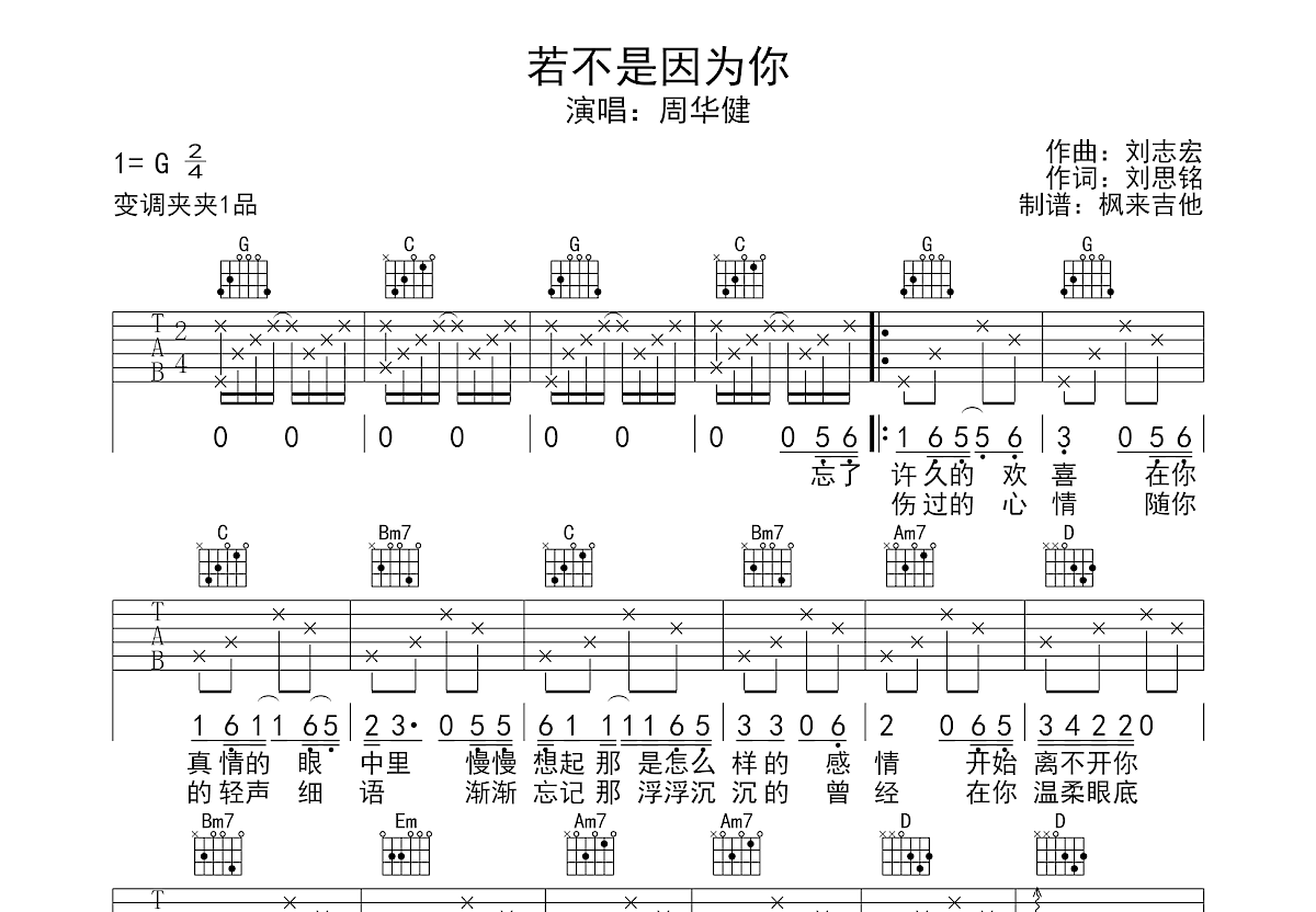 若不是因为你吉他谱预览图