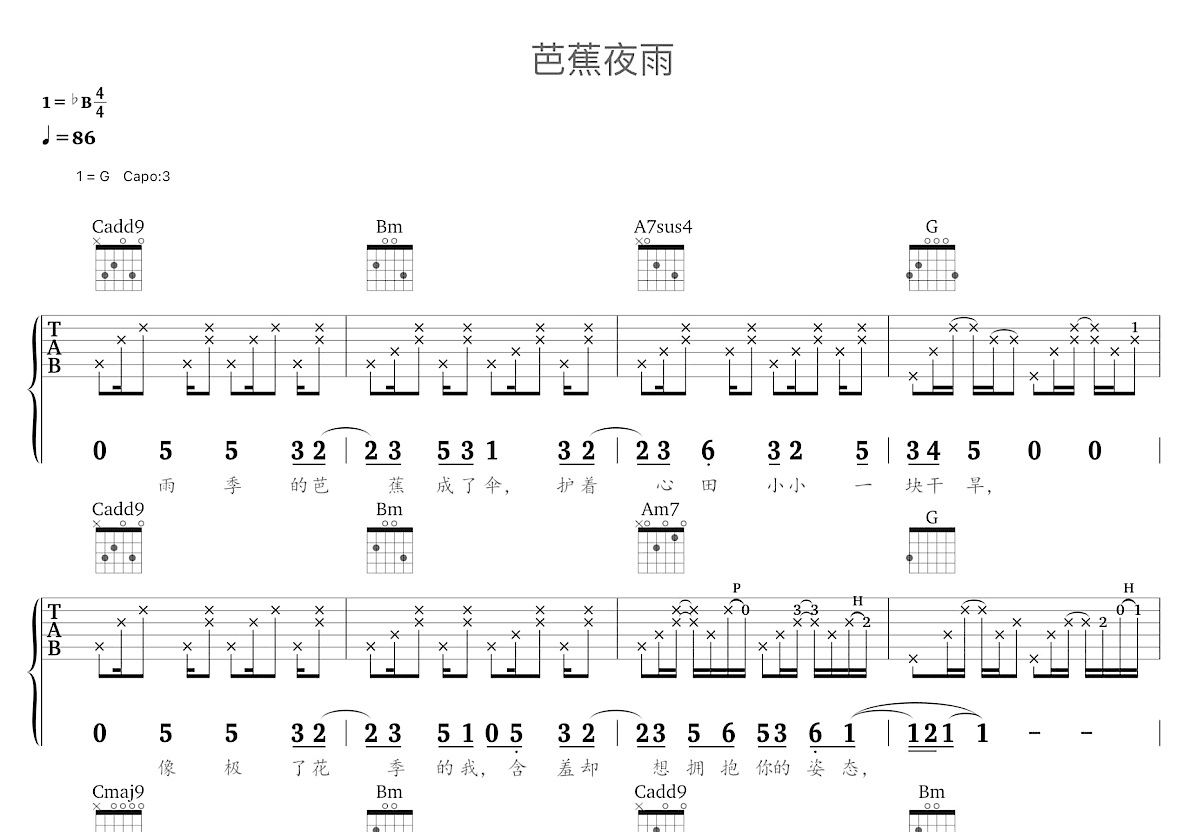 芭蕉夜雨吉他谱预览图