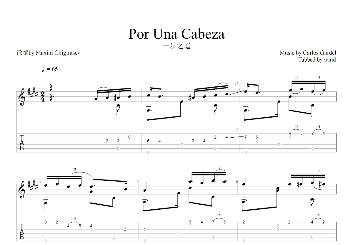 Por Una Cabeza吉他谱预览图