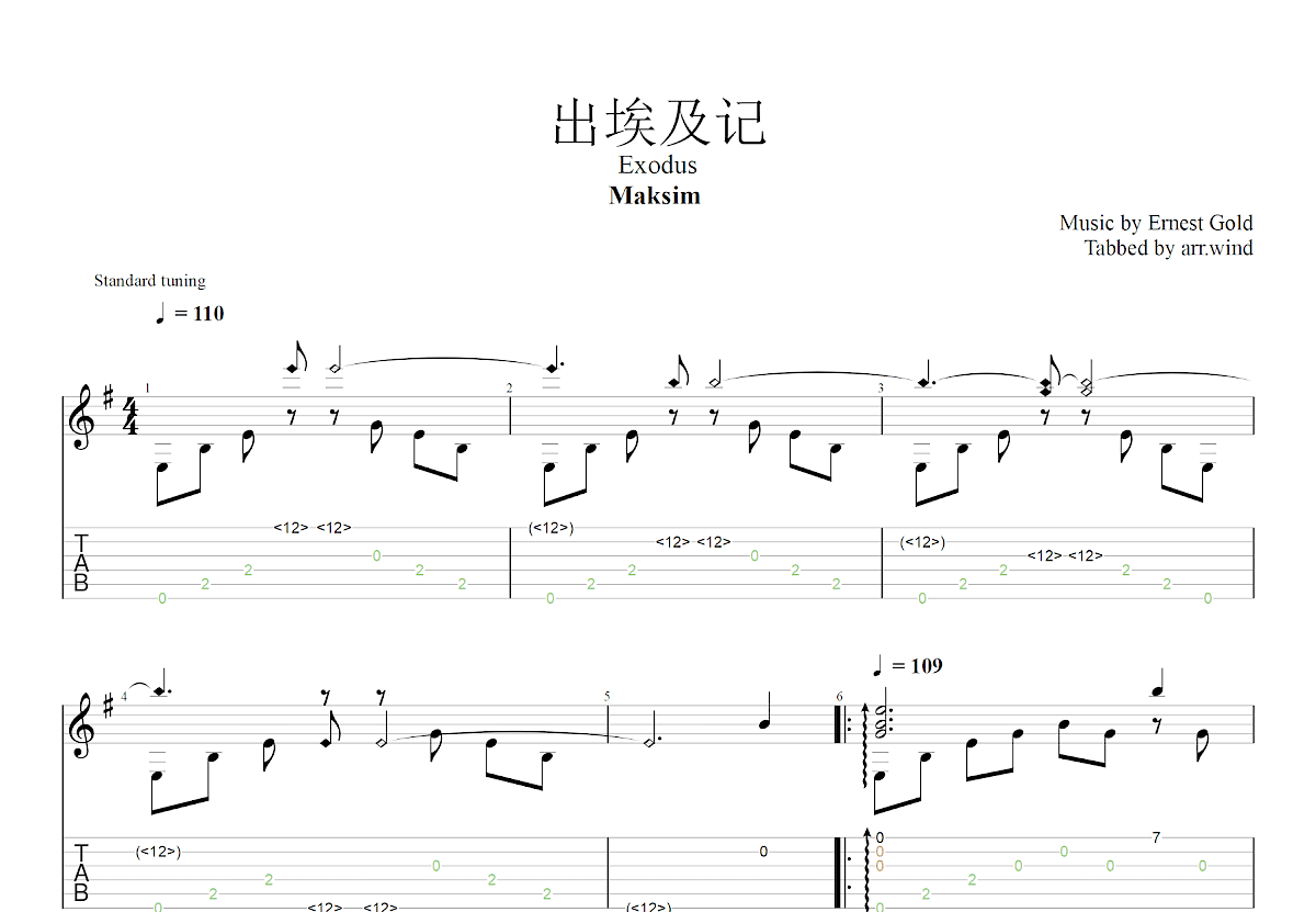 出埃及记吉他谱_Ernest Gold_G调古典