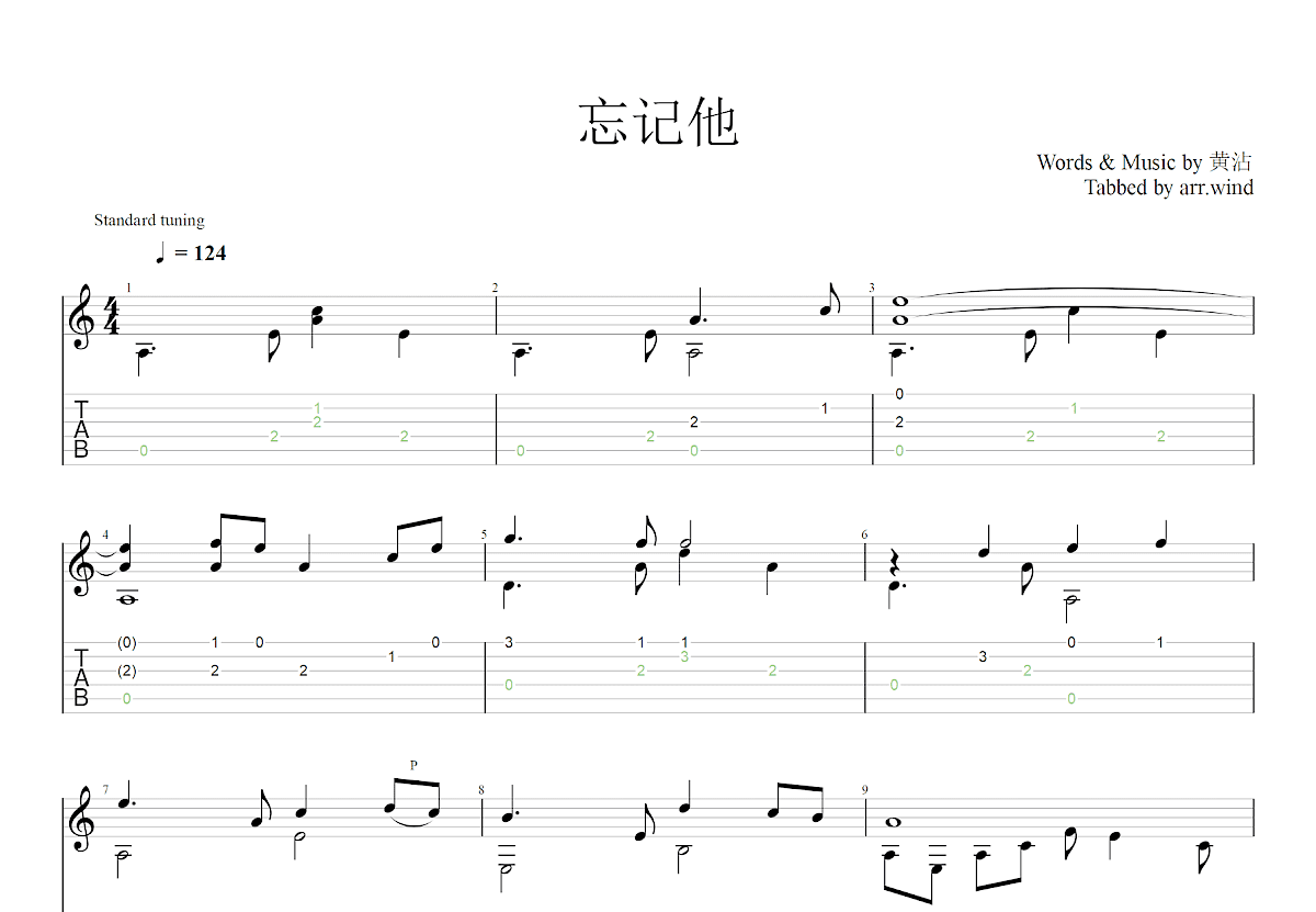 忘记他吉他谱_黄沾_C调古典