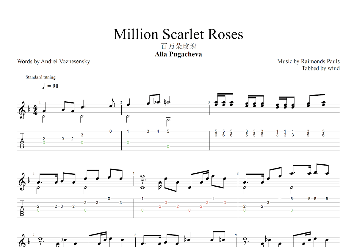 百万朵玫瑰吉他谱预览图