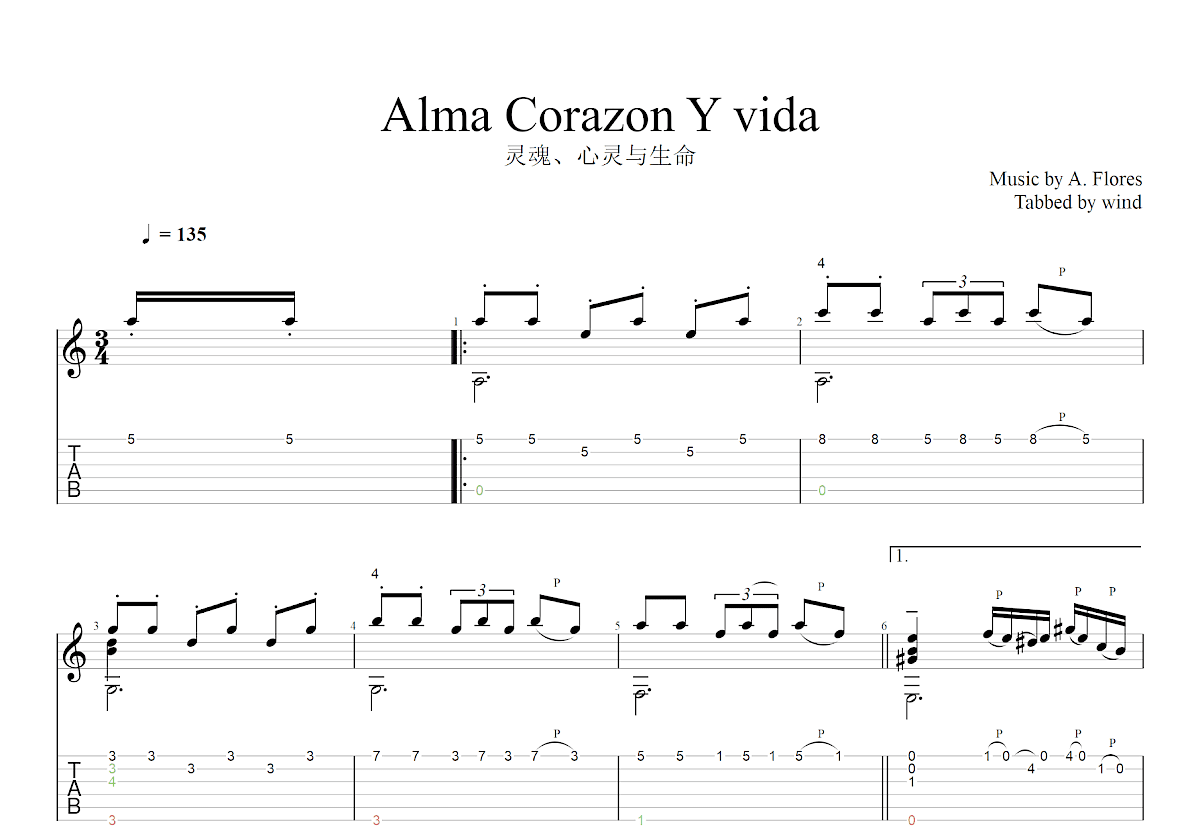 Alma Corazon Y vida吉他谱_A. Flores_C调古典