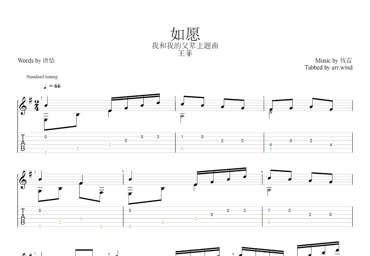 如愿吉他谱预览图