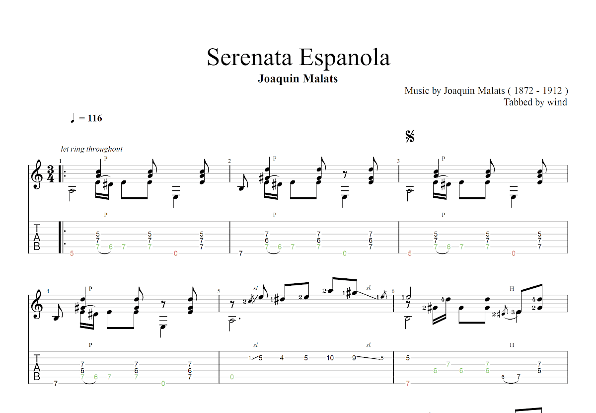 西班牙小夜曲吉他谱_Joaquin Malats_C调古典