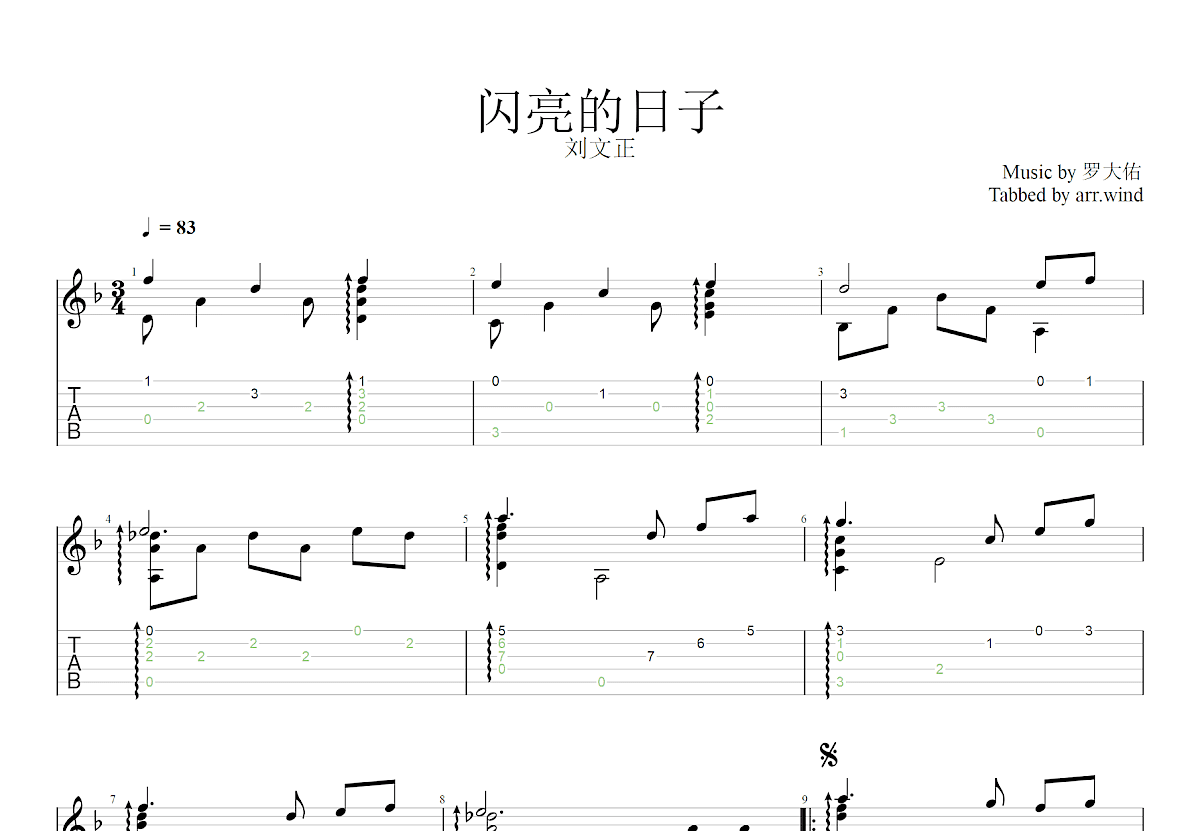 闪亮的日子吉他谱_罗大佑_F调古典