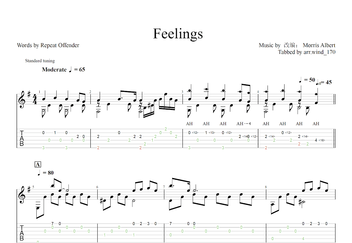 Feelings吉他谱_改编：Morris Albert_G调古典