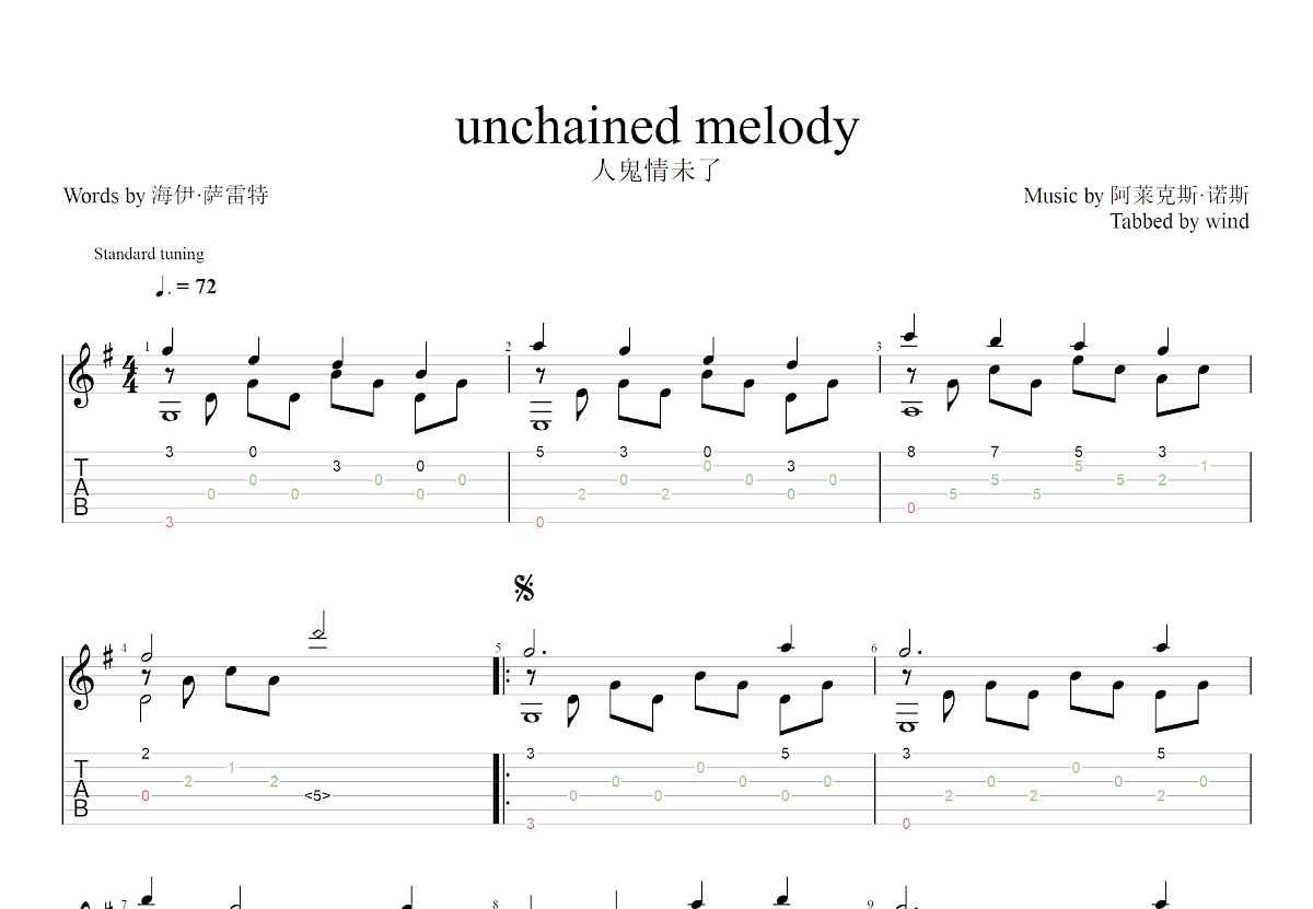 unchained melody吉他谱预览图