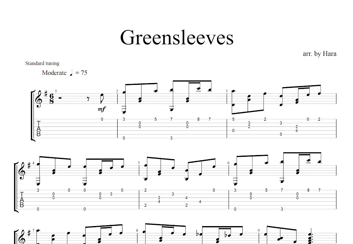 Greensleeves吉他谱预览图