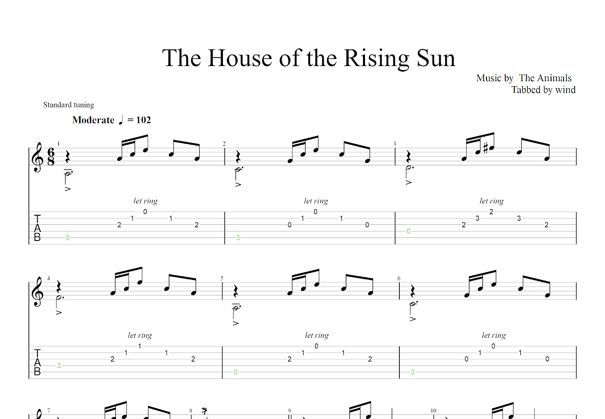 旭升之屋吉他谱_The Animals_C调古典