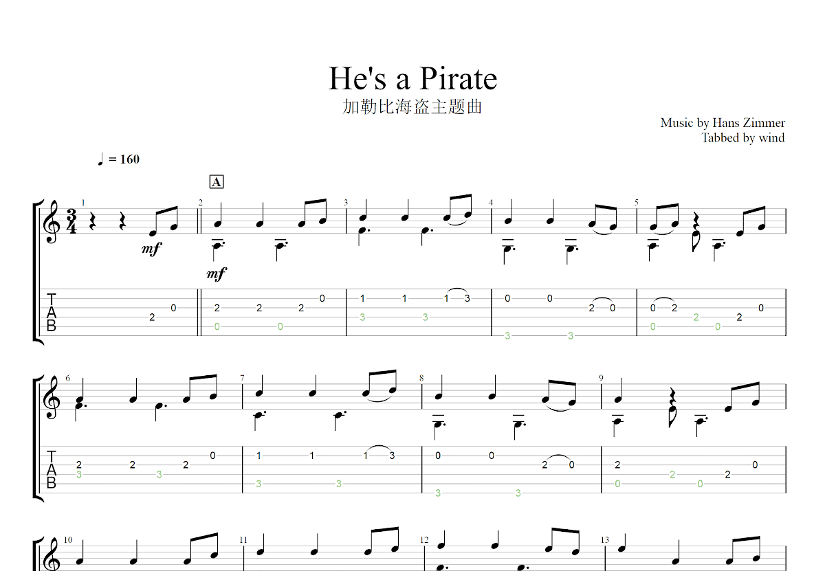 He's a Pirate吉他谱预览图