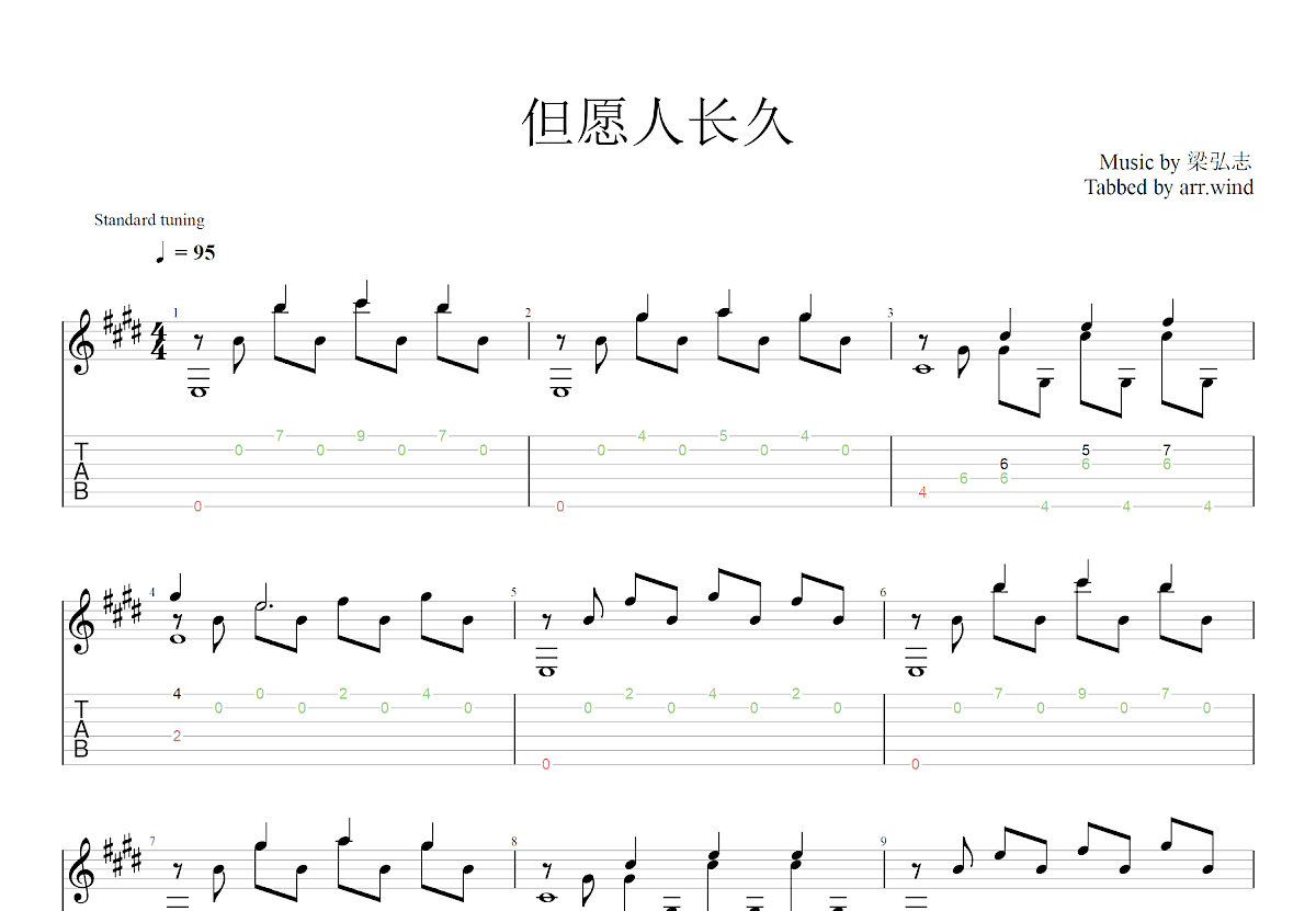 但愿人长久吉他谱_梁弘志_E调古典