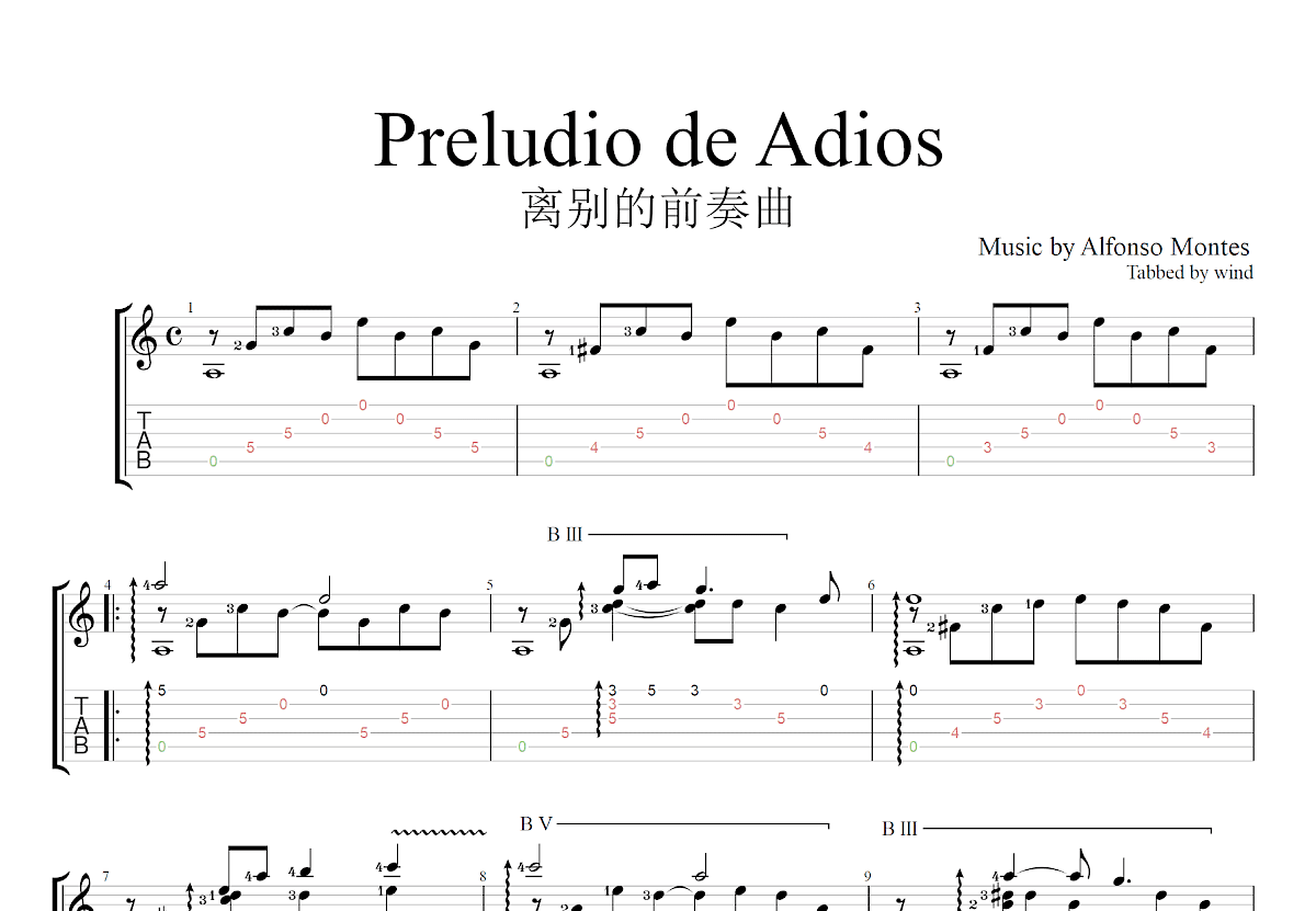 Preludio de Adios吉他谱_Alfonso Montes_C调古典