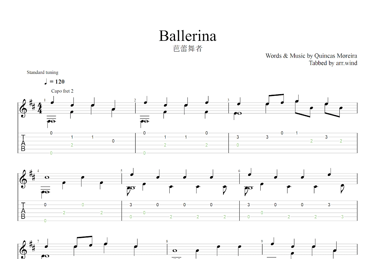 芭蕾舞者吉他谱_Quincas Moreira_C调古典