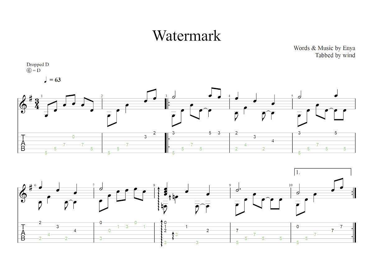 Watermark吉他谱_Enya_G调古典