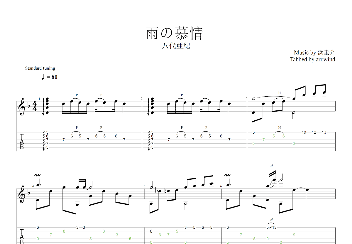 雨の慕情吉他谱_八代亜紀_F调古典