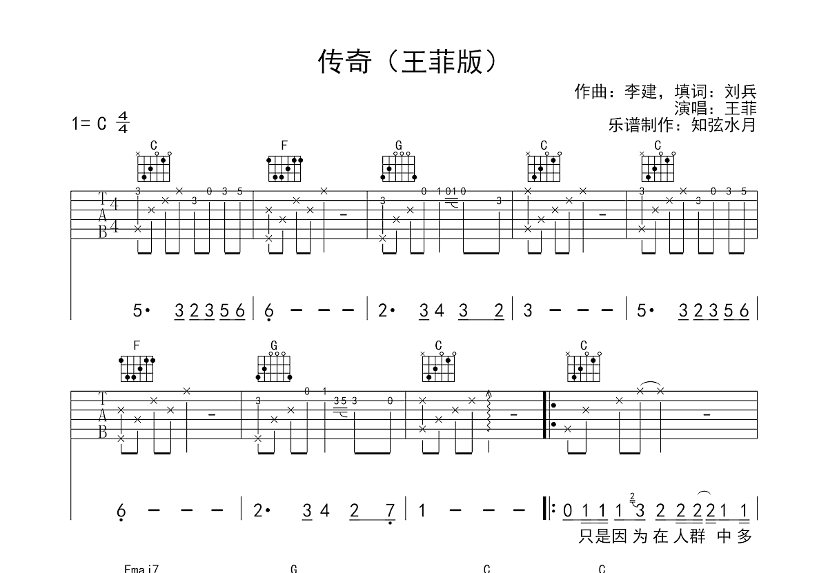传奇吉他谱预览图