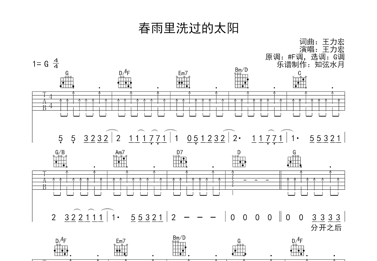 春雨里洗过的太阳吉他谱预览图