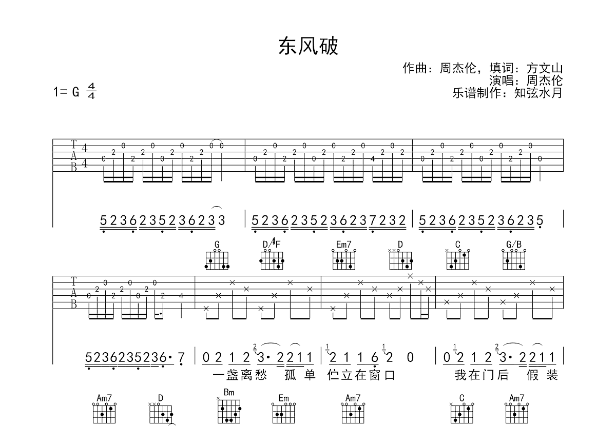 东风破吉他谱预览图