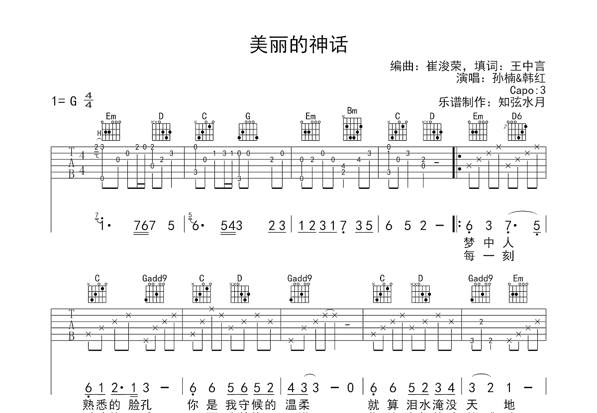 美丽的神话吉他谱预览图