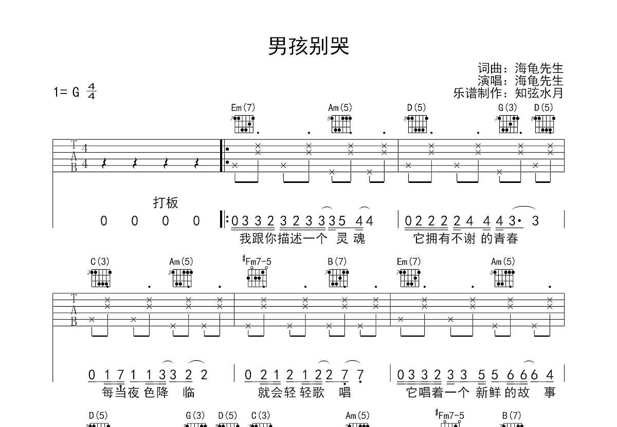 男孩别哭吉他谱预览图