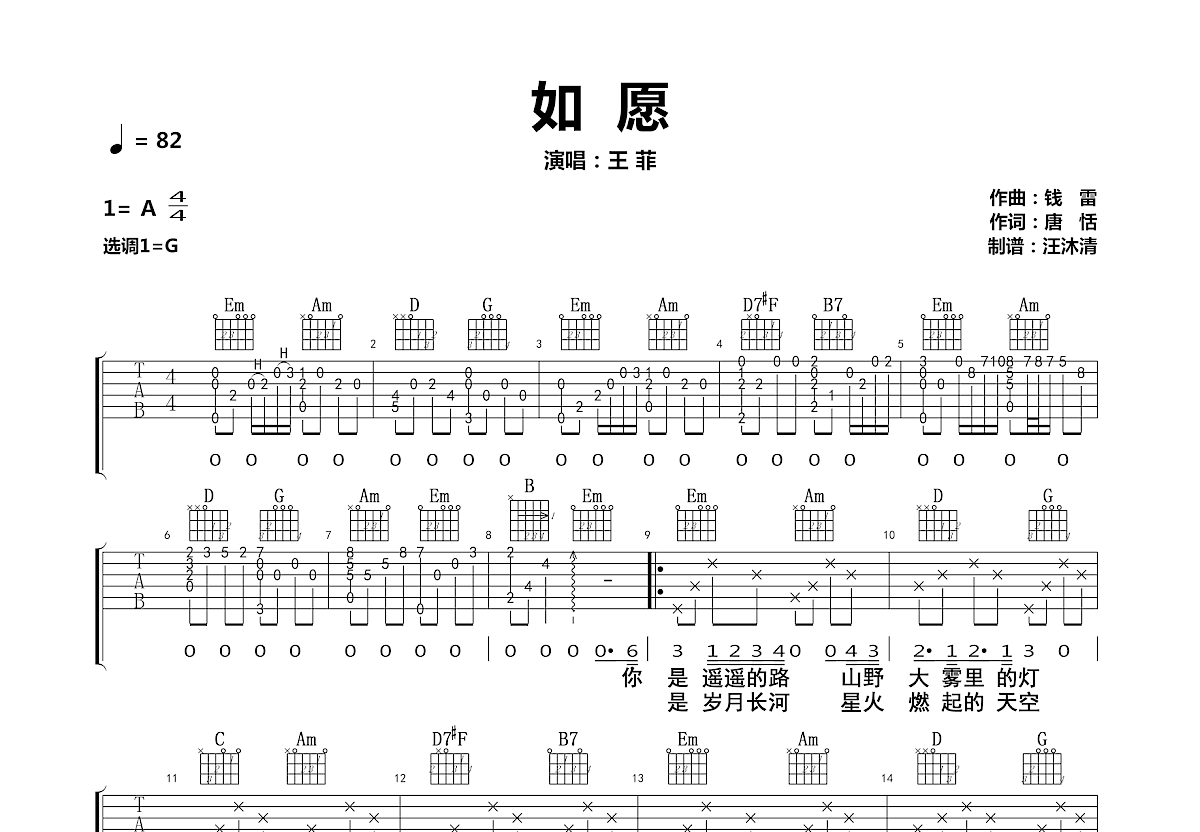 如愿吉他谱预览图