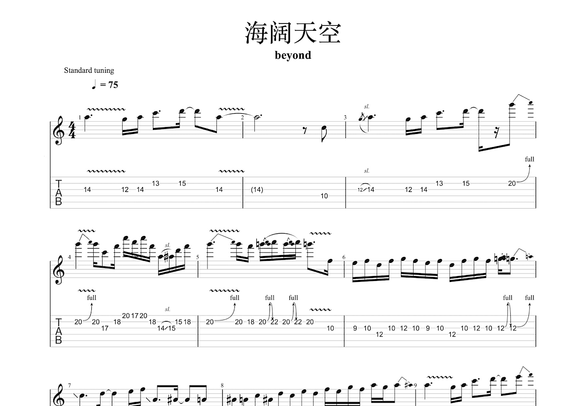 海阔天空吉他谱_黄家驹_F调Solo片段