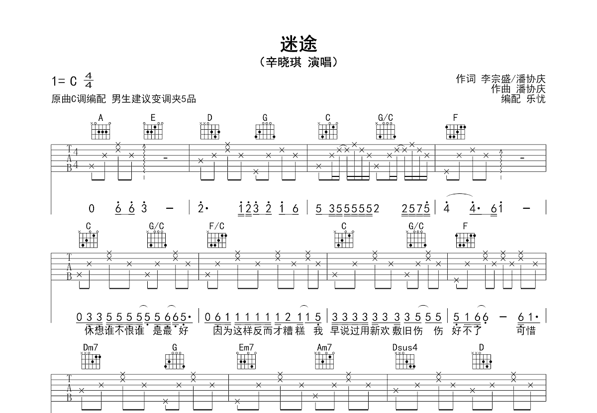 迷途吉他谱预览图