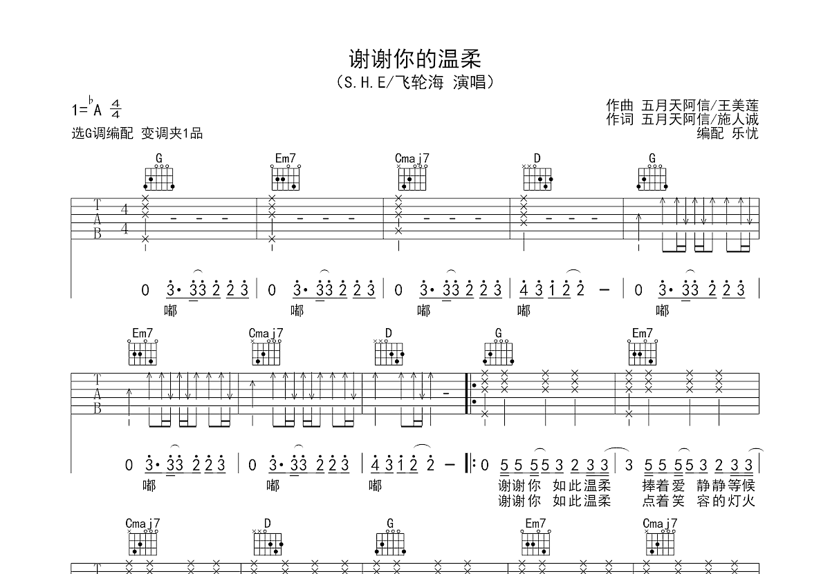 谢谢你的温柔吉他谱预览图