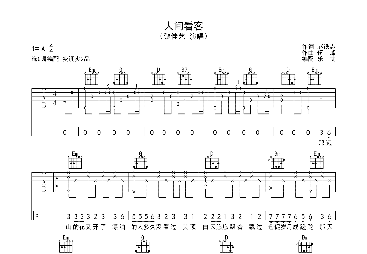人间看客吉他谱_魏佳艺_G调弹唱