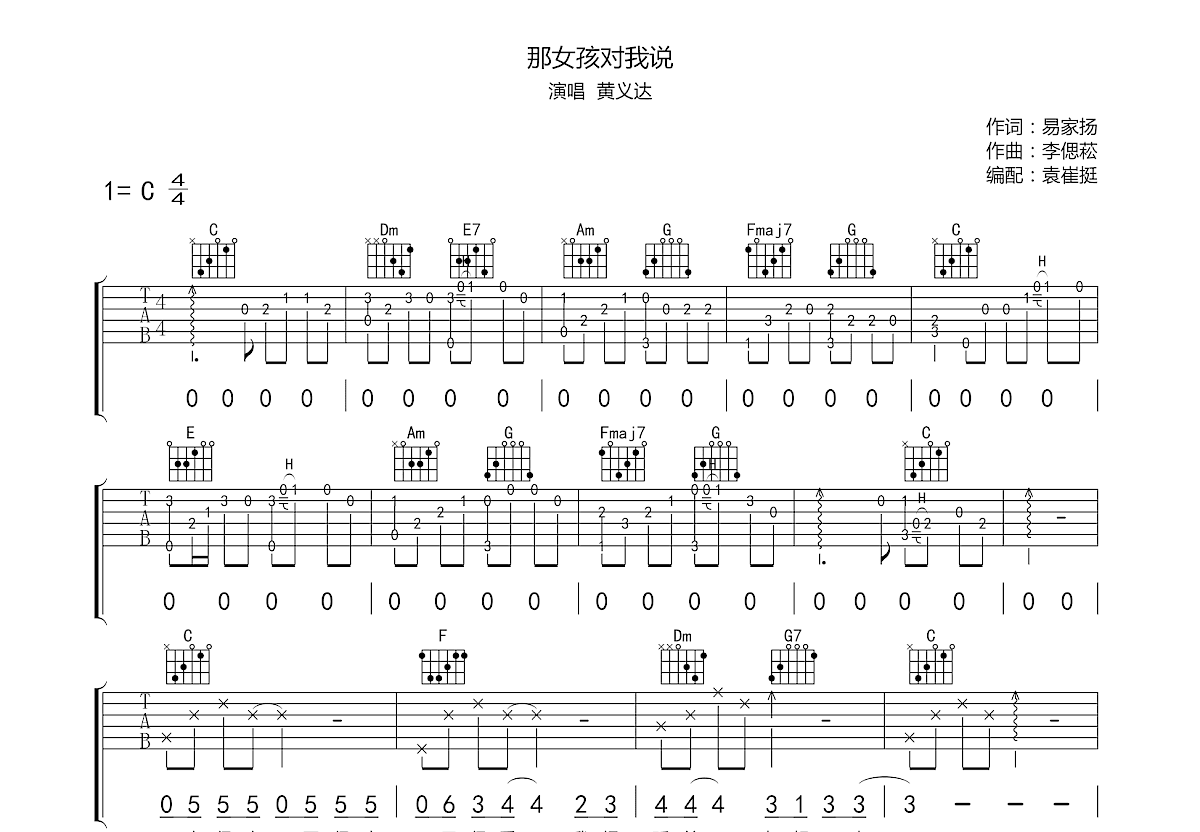 那女孩对我说吉他谱预览图