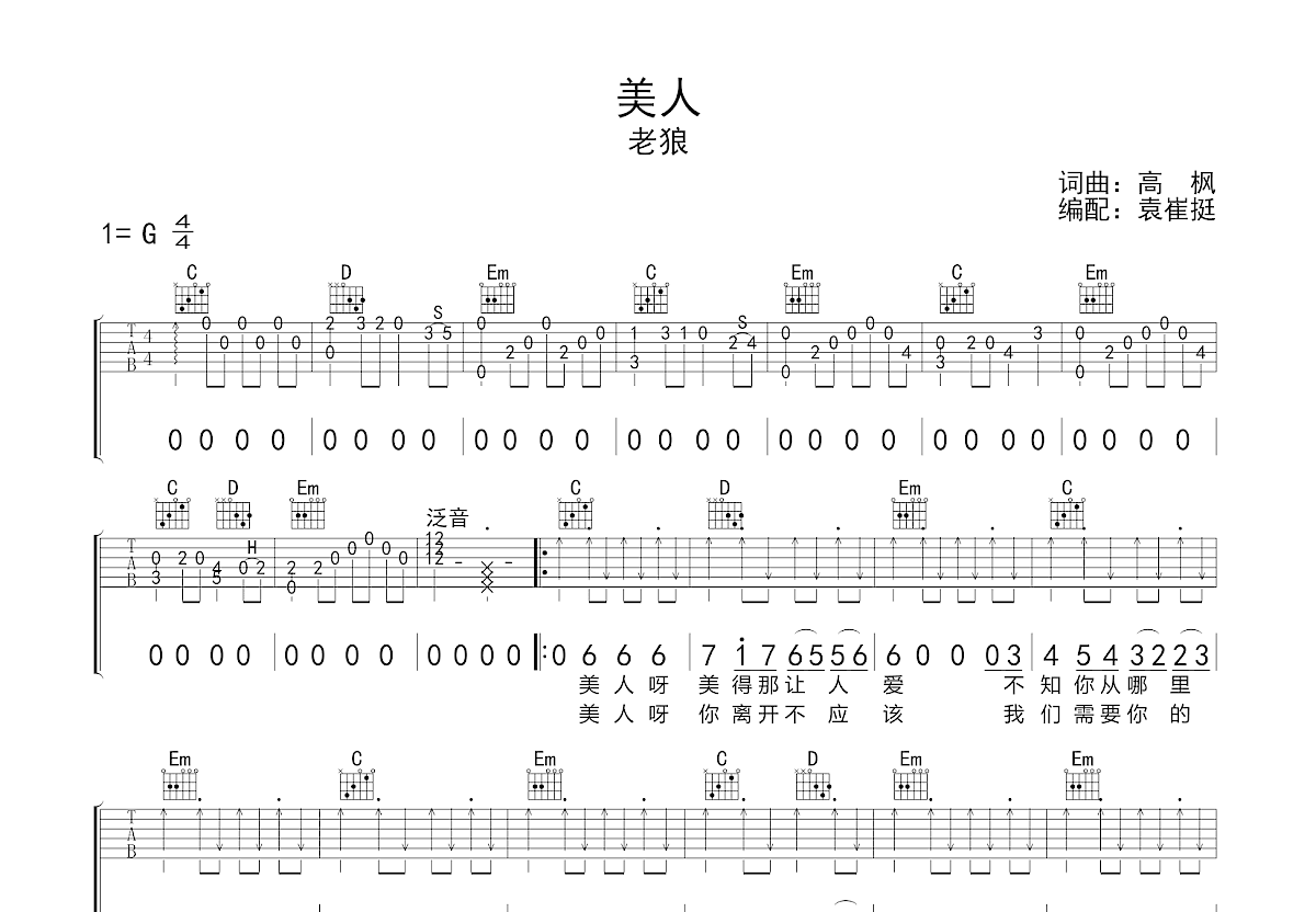 美人吉他谱预览图