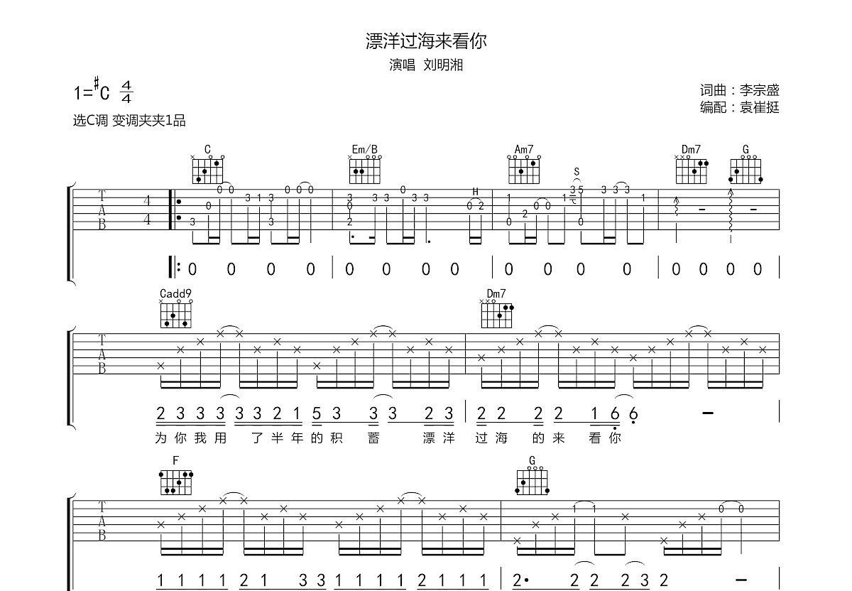 漂洋过海来看你吉他谱预览图