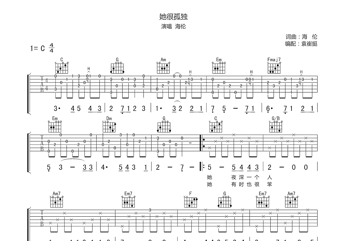 她很孤独吉他谱预览图