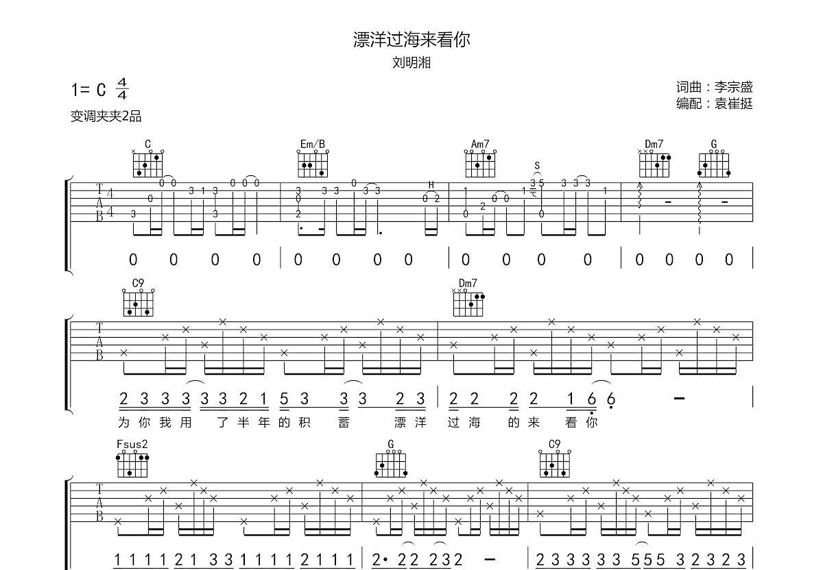 漂洋过海来看你吉他谱预览图