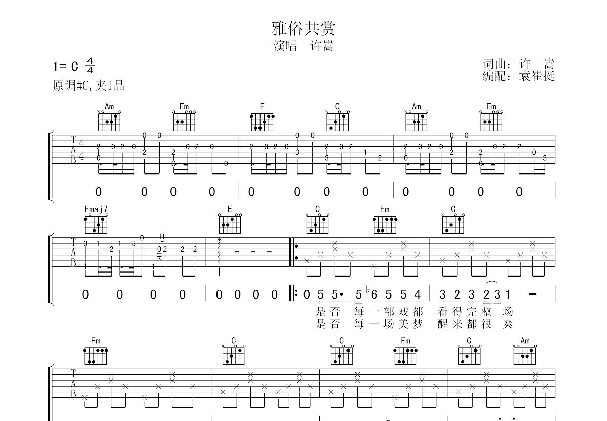 雅俗共赏吉他谱预览图